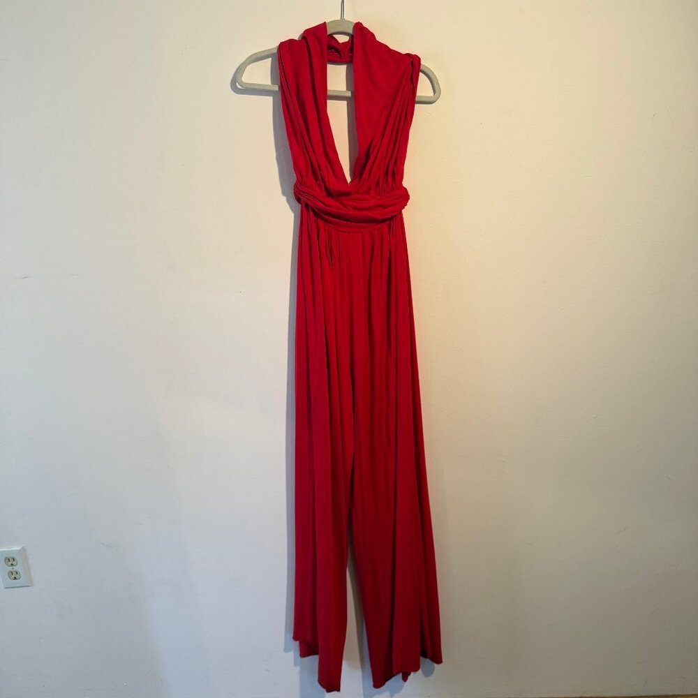 Rachel Pally Plunge Front Wide Leg Halter Jumpsuit, Red, Med